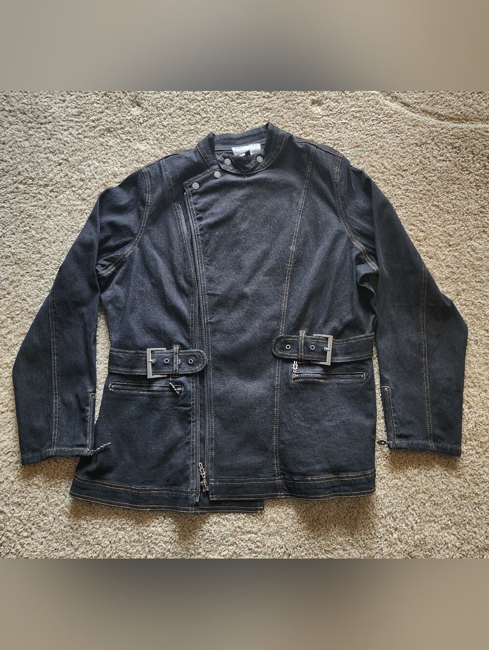 Diane Gilman Black Denim Moto-Style Jacket with Buckle Waist